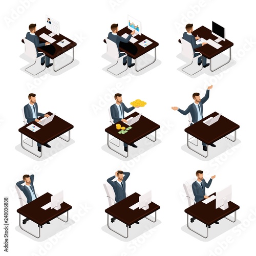 Trendy isometric people, 3d businessman, concept with young businessman, workflow, search for employees, strategy development, work is isolated