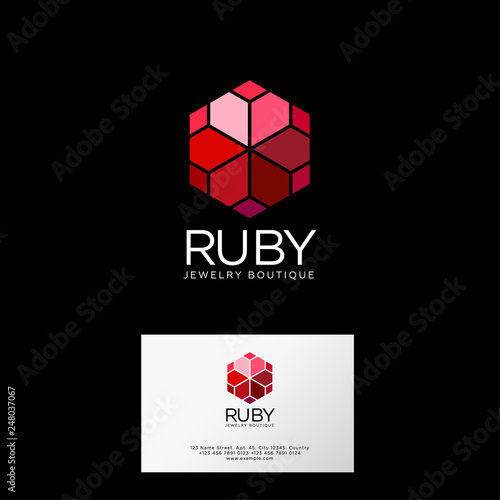 Ruby logo. Red crystals with letters. Premium jewelry emblem.