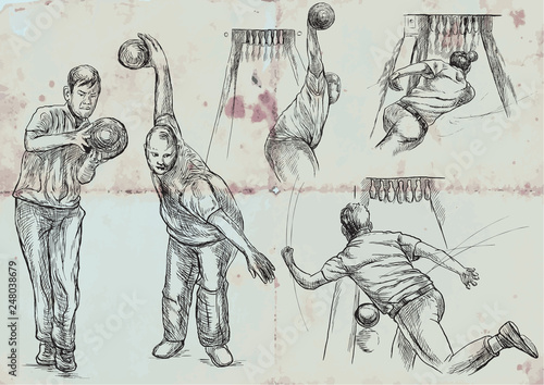 Bowling - An hand drawn vector collection. Illustrations in vintage style. Freehand sketching. Retro on blue paper.