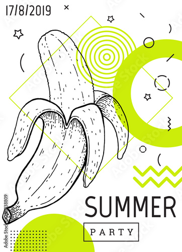 Summer party poster in geometric memphis style. Cool trendy flyer with type quote. Tropical element for travel banner, music cover, fashion print. Banana fruit vector illustration on white background
