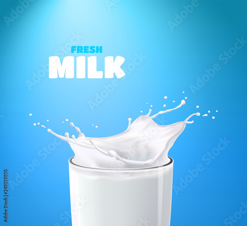 Realistic transparent glasses with pour milk splash on a blue background, vector illustration.