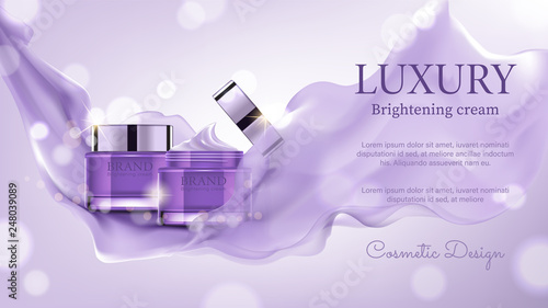 Luxury cosmetic ads, exquisite container with purple satin on bokeh background, vector illustration.