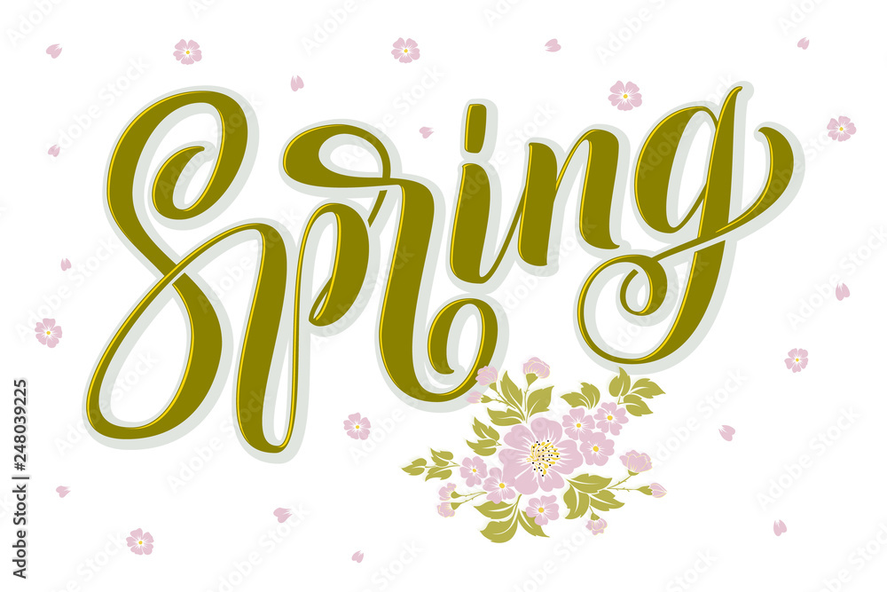 Hand drawn lettering Spring with shadow and highlights, flower elements. Elegant handwritten calligraphy card. Vector Ink illustration. Typography poster. For cards, invitations, prints etc
