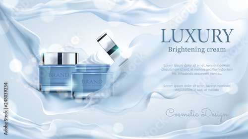Luxury cosmetic ads, exquisite container with blue satin on bokeh background, vector illustration.