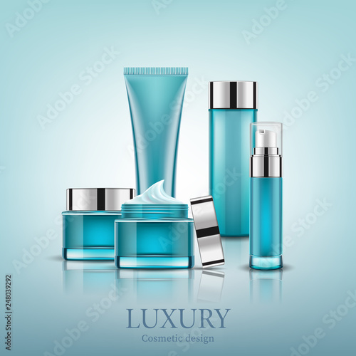 Set blue cosmetic bottles packaging mockup, ready for your design, vector illustration.