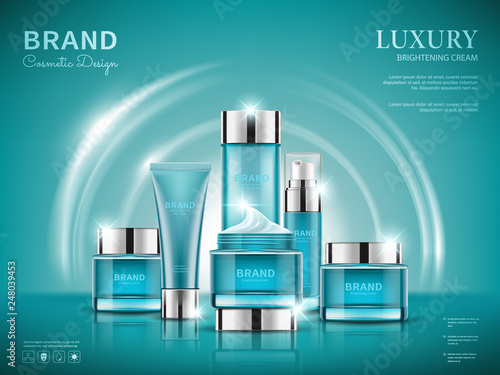 Set cosmetic ads, blue package design on dark blue background, vector illustration.