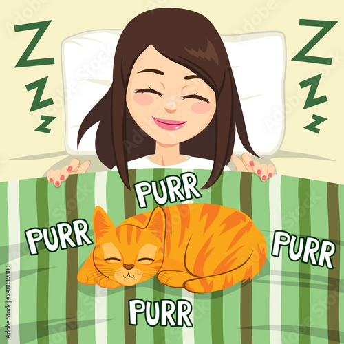 Girl deeply sleeping and cat purring in bed sweet dreams friends bedtime