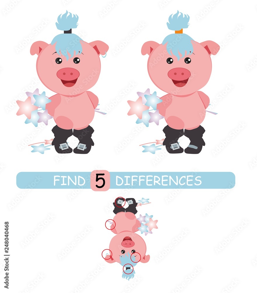 Obraz premium Find differences between pictures. Vector cartoon educational game. Cute pig with starts.