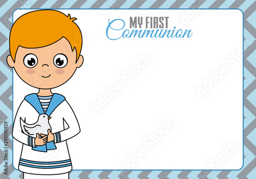 My first communion. Boy with pigeon. Space for text