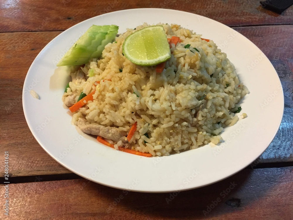 Healthy food fried rice chicken with egg and green onion Healthy food fried rice chicken with egg and green onion