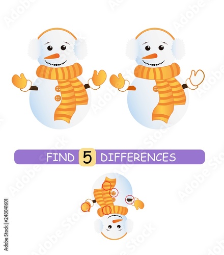 Find differences between pictures. Vector cartoon educational game. Cute snowman in a scarf.