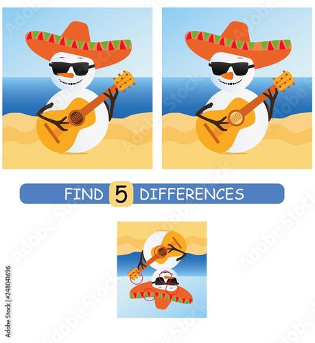 Find differences between pictures. Vector cartoon educational game. Cute snowman in a sombrero and with a guitar.