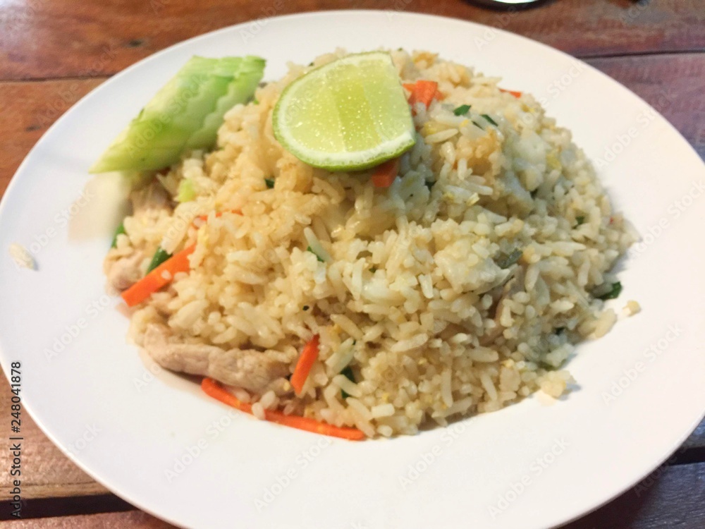 Healthy food fried rice chicken with egg and green onion Healthy food fried rice chicken with egg and green onion