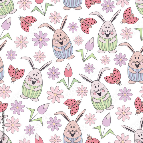 Vector floral seamless pattern with cute rabbits, ladybug and flowers. Flat objects made of childish style on a white background 