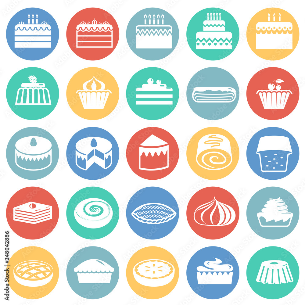 Cake icons set on color circles white background for graphic and web design, Modern simple vector sign. Internet concept. Trendy symbol for website design web button or mobile app