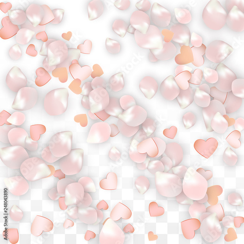 Vector Realistic Petals and Hearts Confetti. Flying Sakura and Hearts on Transparent Background. Wedding Invitation Background. Spring Romance Poster. Vector Illustration for Anniversary Design.