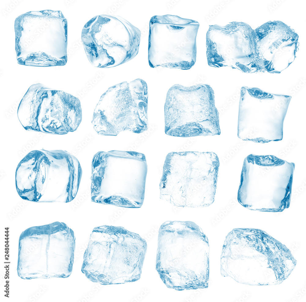 Naklejka premium Set of peaces of pure blue natural crushed ice/ice cubes. Clipping path for each cube included.