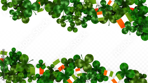 Vector Clover Leaf  and Ireland Flag Isolated on Transparent Background. St. Patrick's Day Illustration. Ireland's Lucky Shamrock Poster. Invitation for Irish Concert in Pub. Tourism in Ireland.