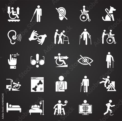 Disability icons set on black background for graphic and web design, Modern simple vector sign. Internet concept. Trendy symbol for website design web button or mobile app