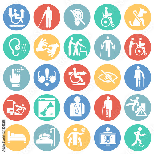 Disability icons set on color circles white background for graphic and web design, Modern simple vector sign. Internet concept. Trendy symbol for website design web button or mobile app