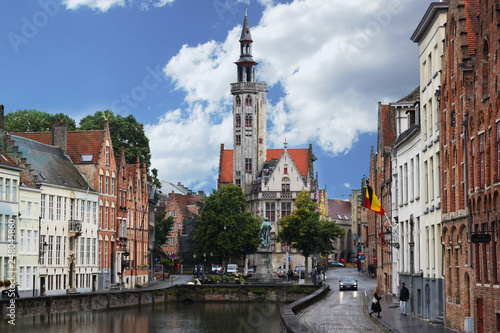 Brugge attractions. The old town hall of Bruges. Brugge streets and historic center. canals and buildings.