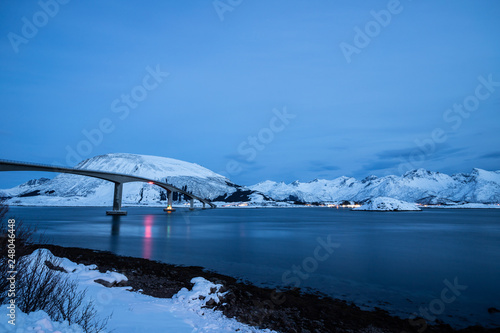 The Raftsund Bridge by night (Raftsundbrua) in Hadsel Municipality in Nordland county, Lofoten Islands, Norway. photo