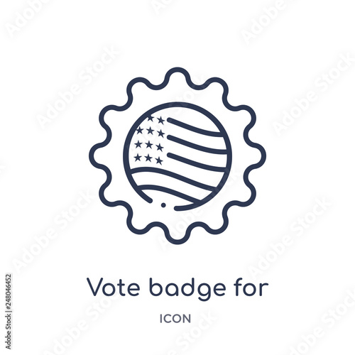 vote badge for political elections icon from political outline collection. Thin line vote badge for political elections icon isolated on white background.