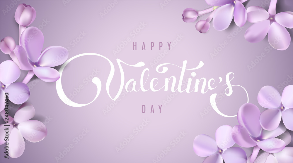 Happy Valentines day background with lilac flower petals and lettering. Happy Valentines day background with lilac flower petals and lettering.