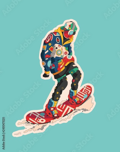 fashionable male cruising on a snowboard