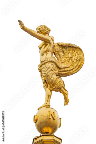 Top figure of ancient Greek goddess Fortuna at Fortunaportal in Potsdam, isolated at white background, Germany, portrait, details
