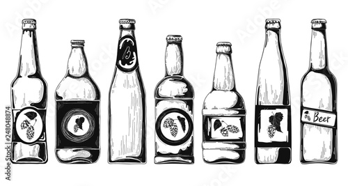 Set of beer bottles. Vector illustration. Sketch