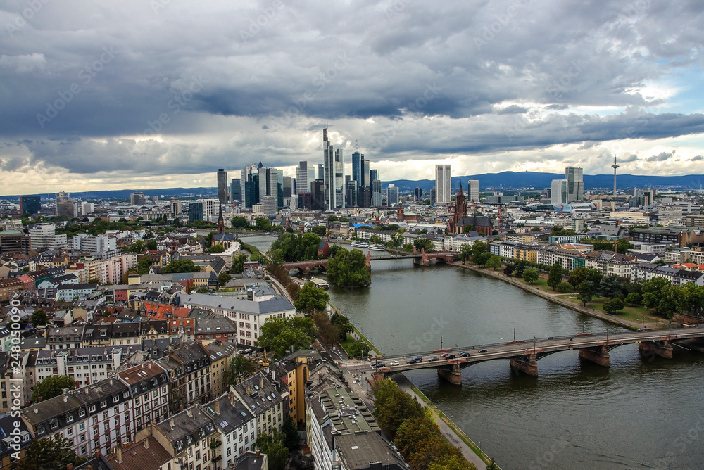 Summer panorama of the financial district in Frankfurt, Germany