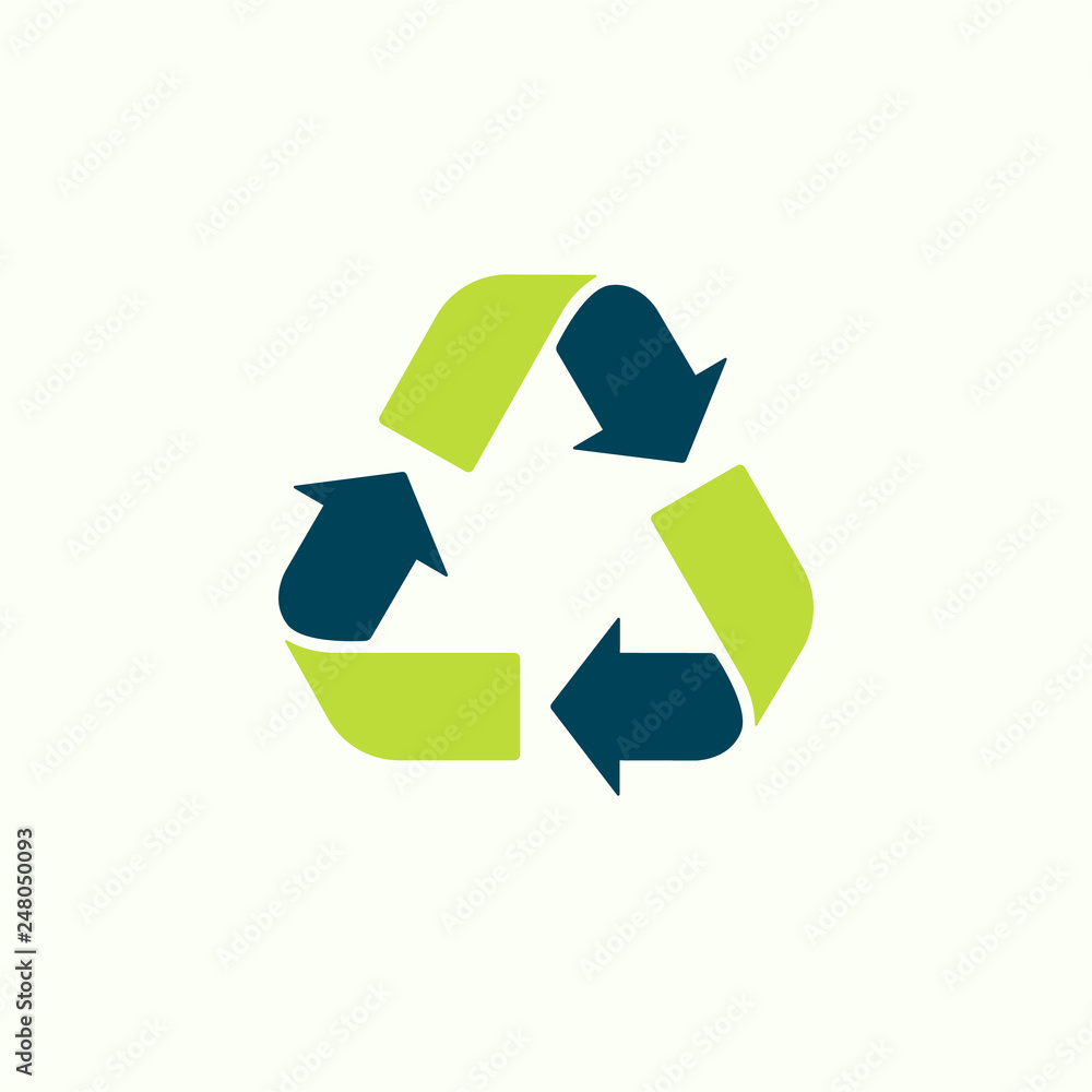 Recycle sign Vector illustration. Trash symbol. Eco bio waste concept. Arrow green gradient button. Flat design isolated sign. Recycle sign Vector illustration. Trash symbol. Eco bio waste concept. Arrow green gradient button. Flat design isolated sign.