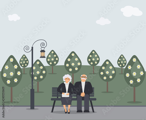 Happy family seniors: cute smiling elderly man and woman with clutch bag are sitting on bench in park. Retired elderly couple in love.Trees, landscape and ancient lantern.Vector flat illustration