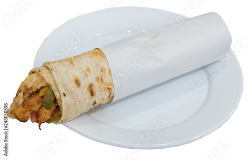 Traditional Turkish Chicken Doner Kebab Durum on plate isolated on white