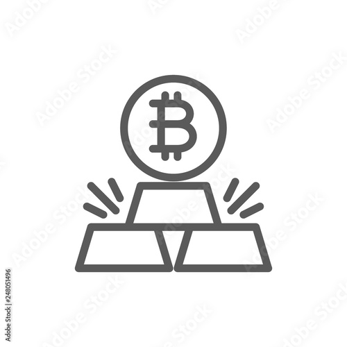 Gold bars with bitcoin, cryptocurrency line icon.
