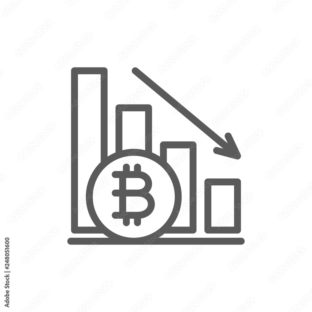 Down graph, bitcoin coin, cryptocurrency line icon. Down graph, bitcoin coin, cryptocurrency line icon.