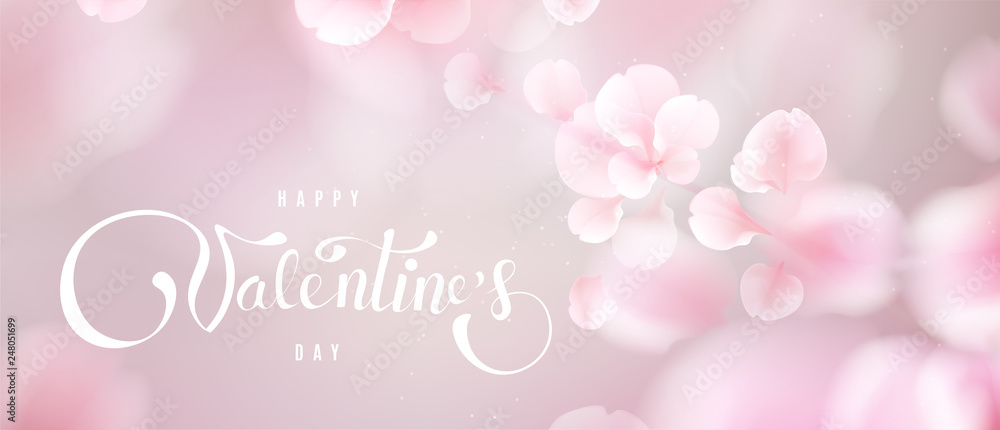 Happy Valentine's day soft color pastel background with flower petals and lettering.