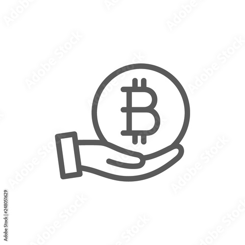 Hand with bitcoin coin, cryptocurrency line icon.