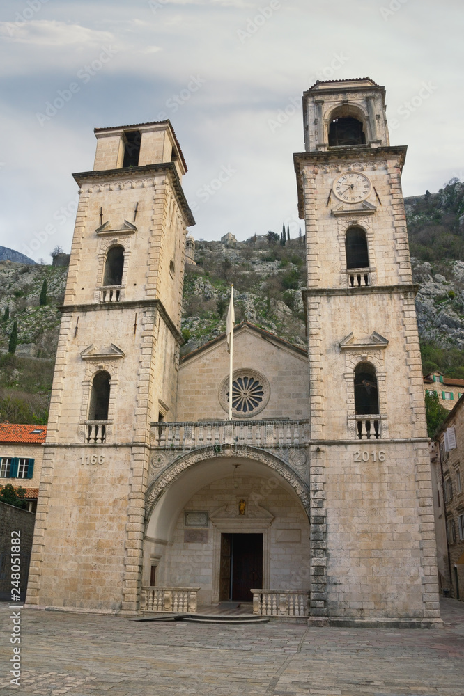 Religious architecture. Montenegro, Old Town of Kotor - UNESCO World Heritage site.  Cathedral of Saint Tryphon on cloudy winter day