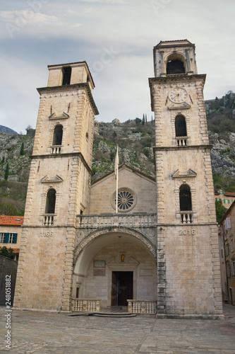 Religious architecture. Montenegro, Old Town of Kotor - UNESCO World Heritage site. Cathedral of Saint Tryphon on cloudy winter day