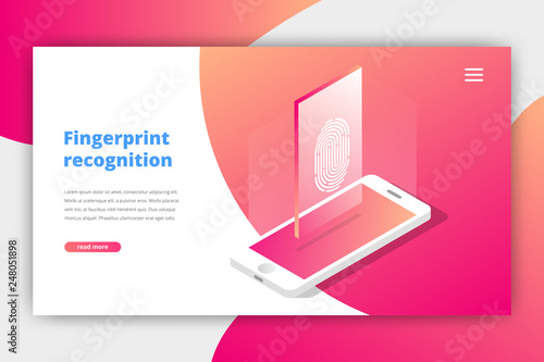 Fingerprint recognition, touch ID isometric vector illustration. Landing page template.
