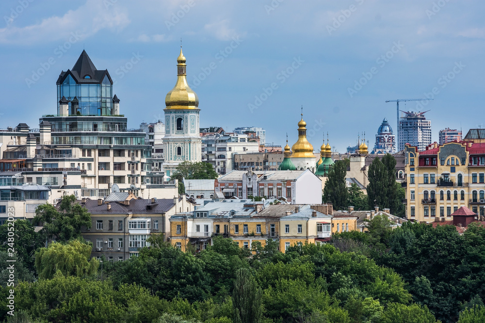 Aerial top view of Kiev churches on hills, Kyiv city, Ukraine