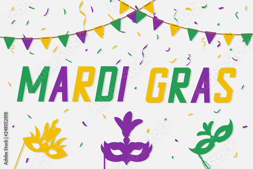 Mardi Gras banner with carnival mask and color confetti. Festive carnaval background. Vector illustration.
