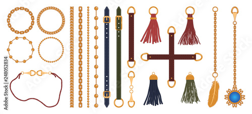 Set of chains, straps and belts, braid and pendant. Fashion jewelry elements print for fabric design. Vector illustration.