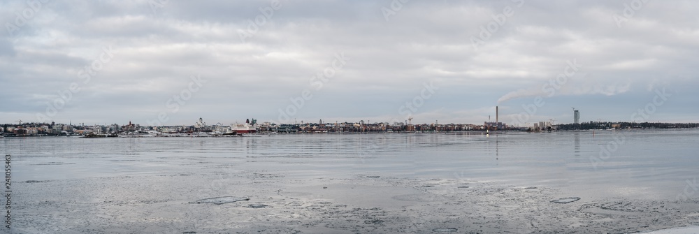 Winter panorama view of Helsinki city and the sea that surrounds it, Finland