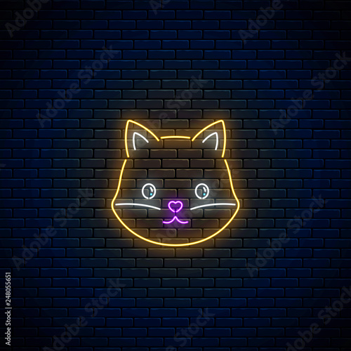 Glowing neon sign of cute fox in kawaii style. Cartoon happy smiling foxy in neon style.