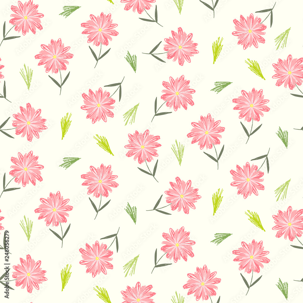 Cute sketchy floral seamless pattern with childish pink flowers and green leaves. Colorful naive texture with gerbera blossoms and grass for textile, wrapping paper, background, surface, wallpaper