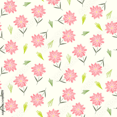 Cute sketchy floral seamless pattern with childish pink flowers and green leaves. Colorful naive texture with gerbera blossoms and grass for textile, wrapping paper, background, surface, wallpaper