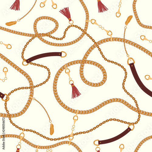 Seamless pattern with chains straps and belts, pendant. Background for for fabric design. Vector illustration.